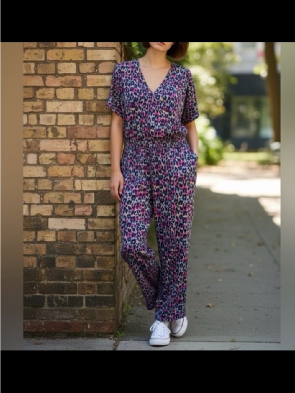 Pact Charlie Leopard-Print V-Neck Wide Leg Jumpsuit in Blue & Pink